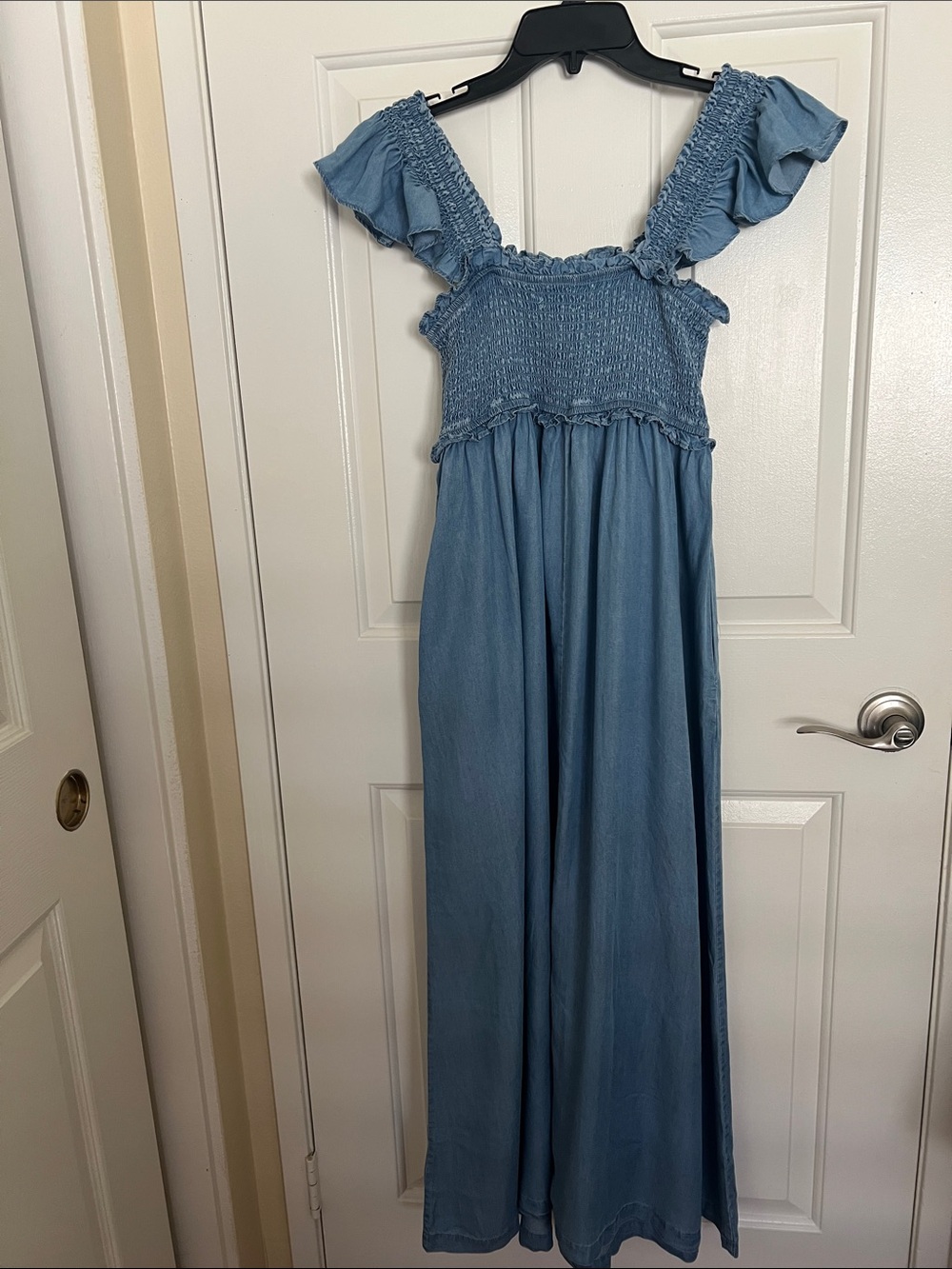 Motherhood Maternity Blue Chambray Maxi Skirt Dress with Ruffle Straps - Picture 6 of 13